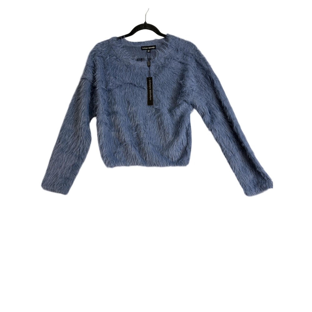Catherine Malandrino Sweater Womens XS Blue Slate Fuzzy Eyelash‎ Knit Pullover